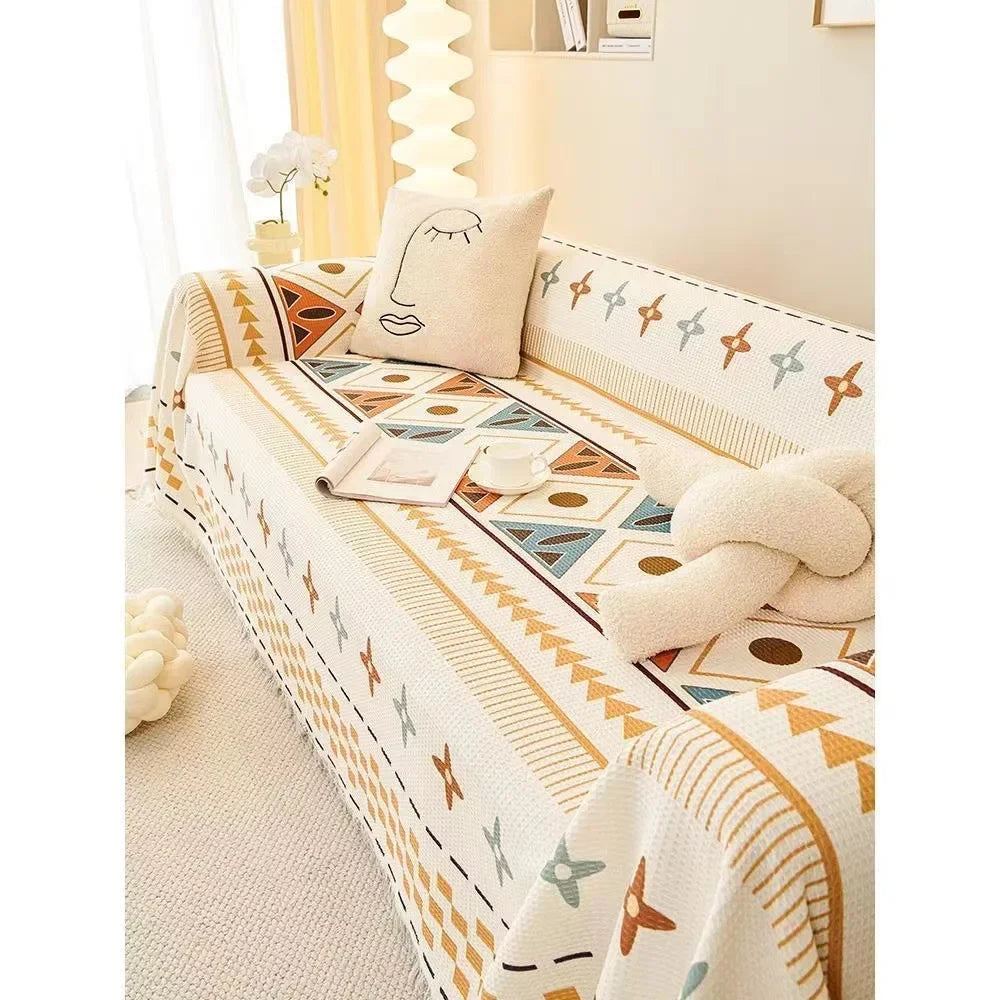 Decorative patterned sofa with geometric pattern in a bright room