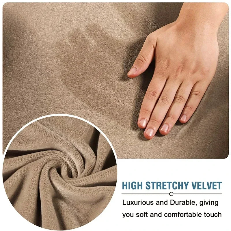 Hand touching high stretchy velvet fabric with close-up and text description.