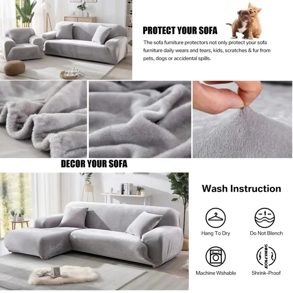 Grey sofa with furniture protectors, wash instructions, and product details.