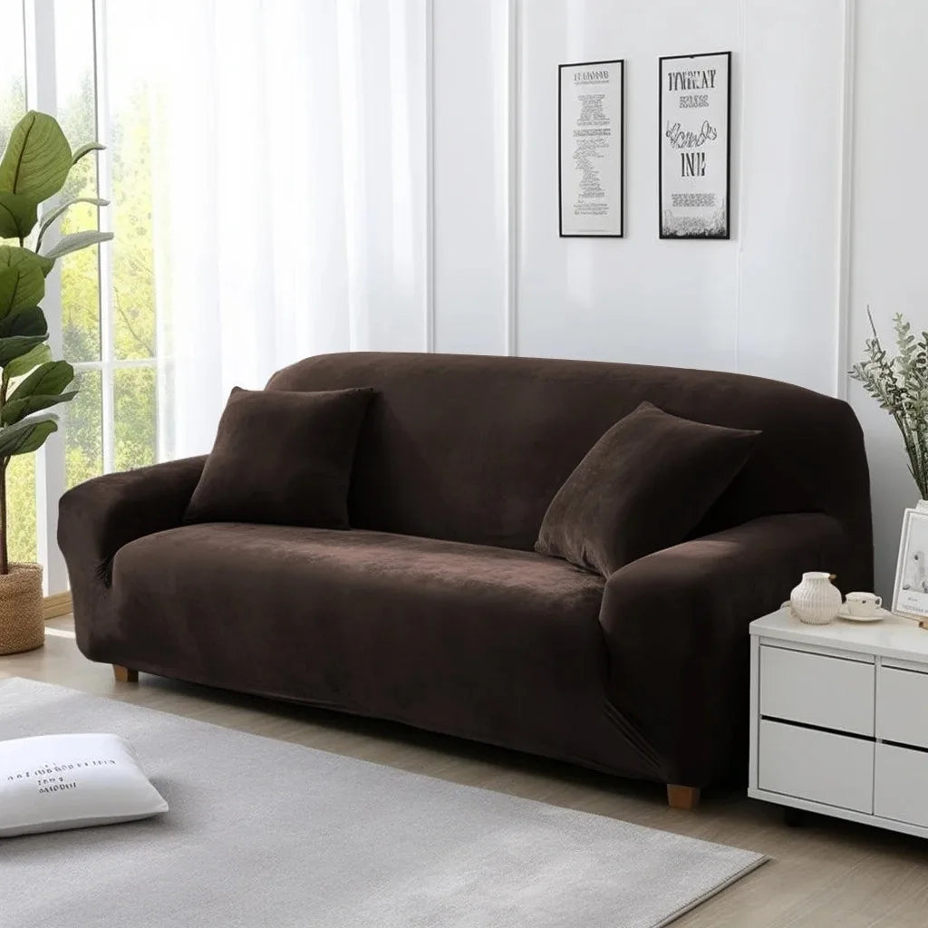 Brown sofa cover on lounge in a living room with white walls and decor