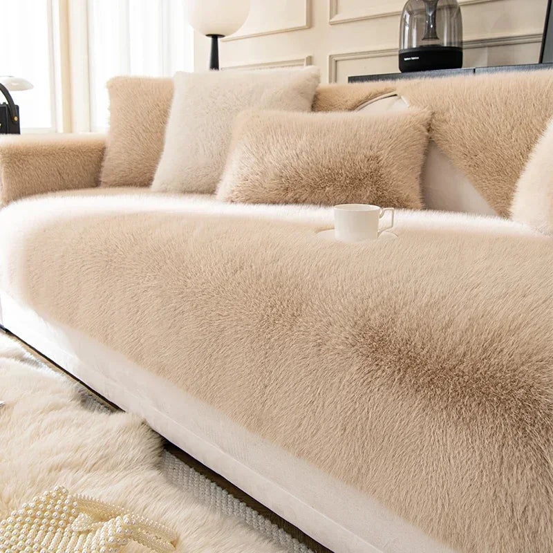 Beige sectional sofa with fluffy texture in a living room setting