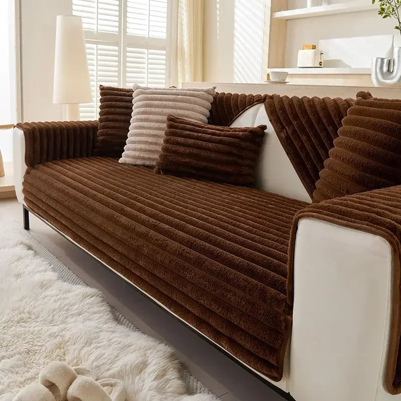 Brown couch cover with ribbed texture in a living room setting