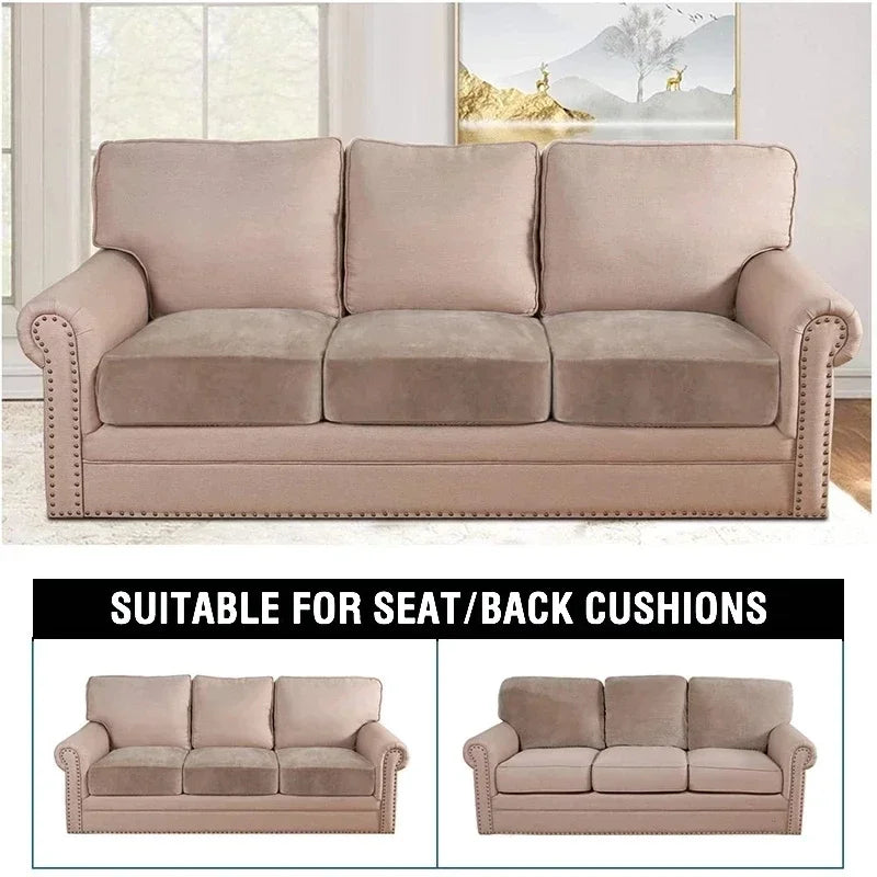 Beige sofa with seat and back cushions shown separately, suitable for seat/back cushions text.