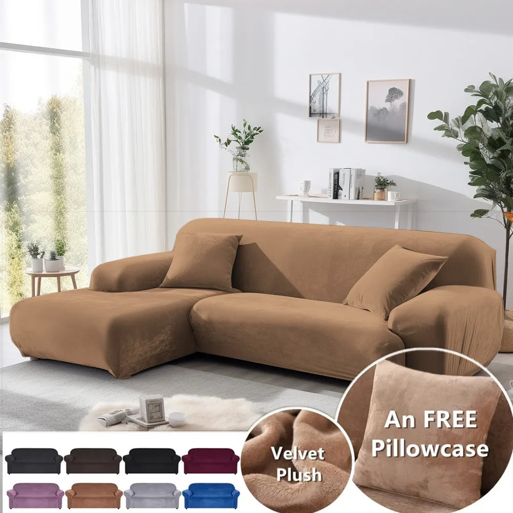 Brown sectional sofa with free pillowcase offer in a living room setting
