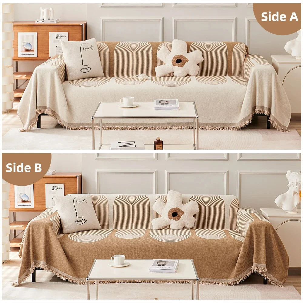 Two views of a beige sofa with decorative pillows and a blanket, set against a neutral wall.