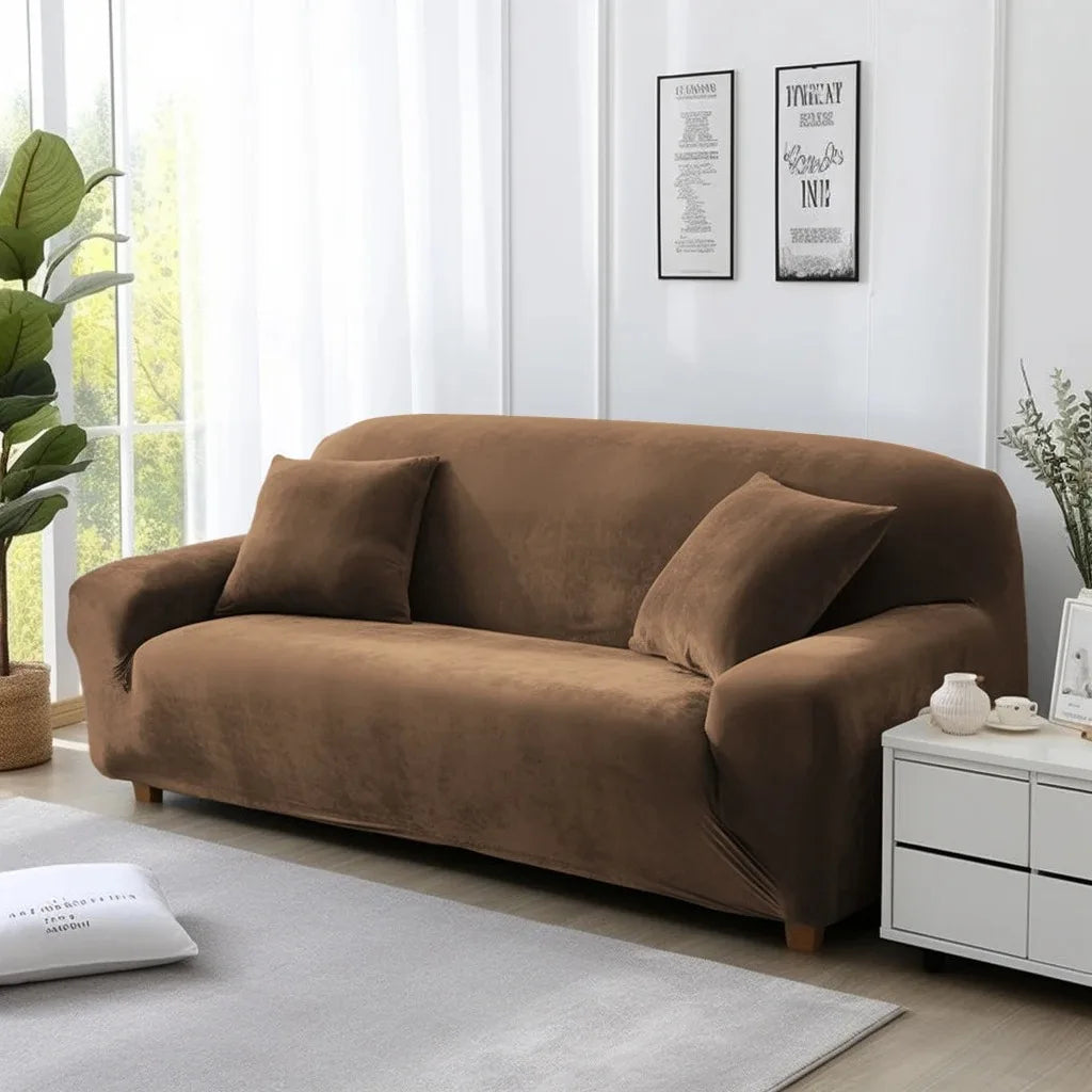 Brown sofa cover on lounge in a living room with white walls and decor