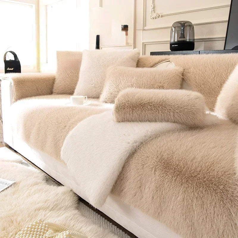 Beige sectional sofa with fluffy texture in a living room setting