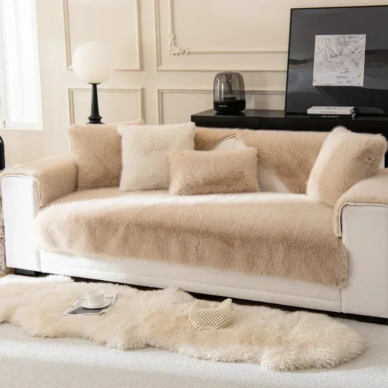 Beige sofa with fluffy texture in a living room setting