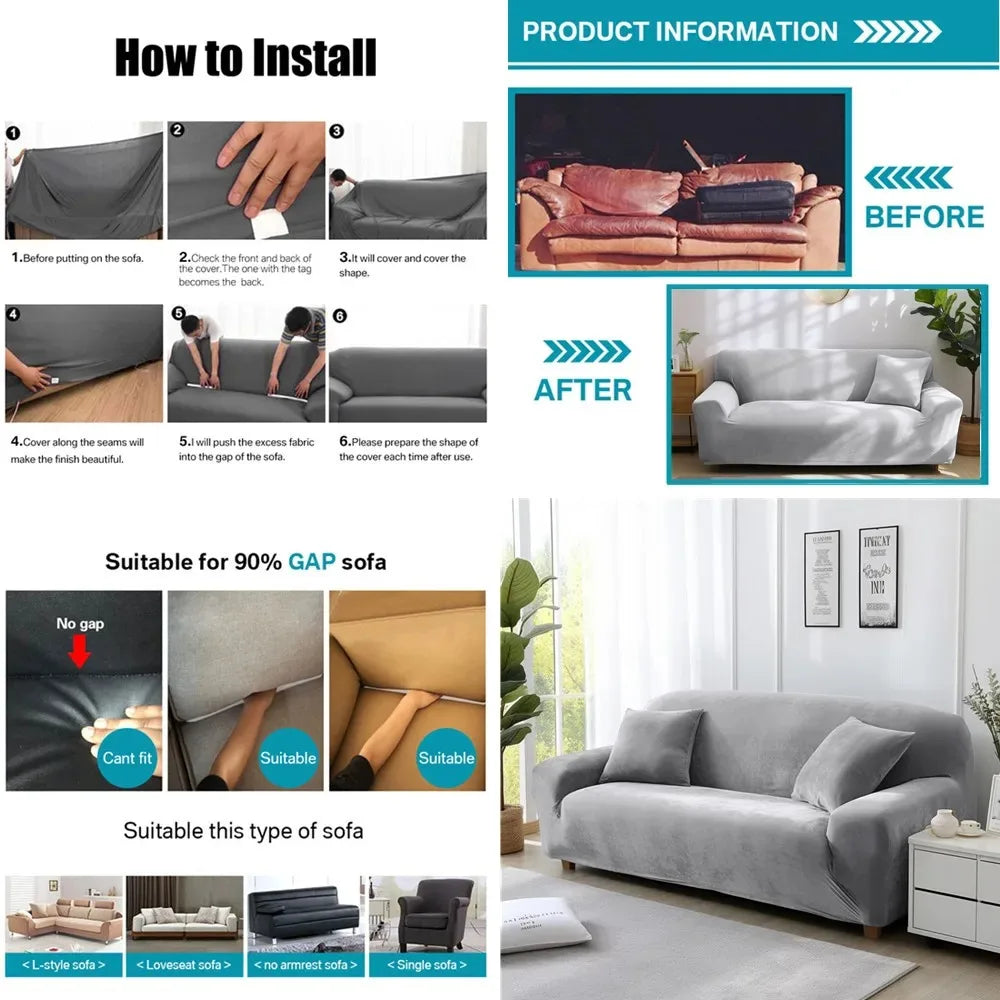 Instructions on how to install a sofa cover with before and after images, suitable for 90% of gap sofas.