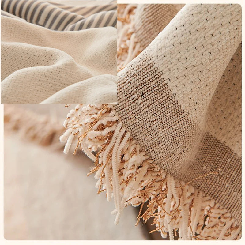Textured blanket with fringe detail in neutral tones