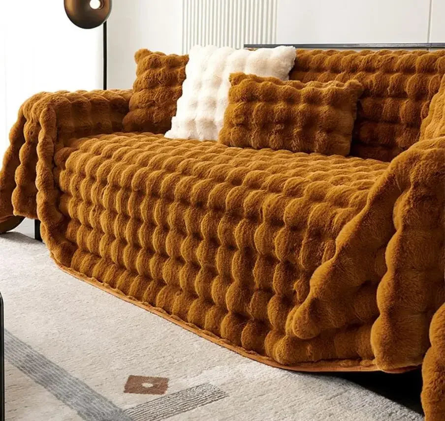 Brown plush faux rabbit bubble sofa with cushions in a living room setting