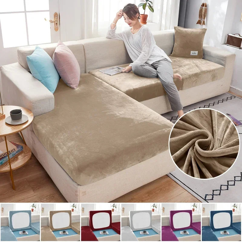 Woman sitting on a sofa with a beige throw blanket, surrounded by colour swatches.