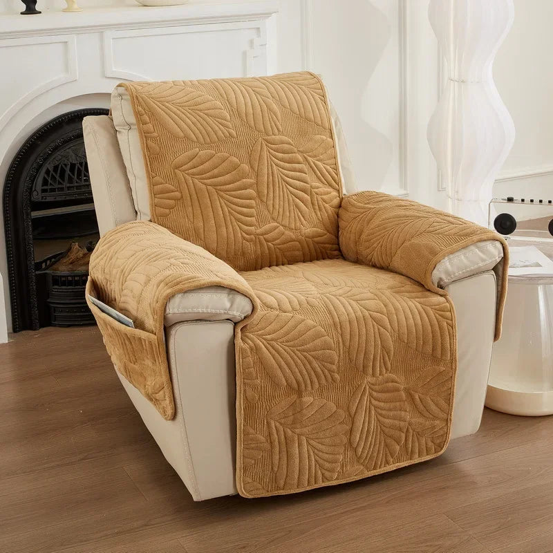 Brown textured armchair cover on a white armchair in a living room setting.
