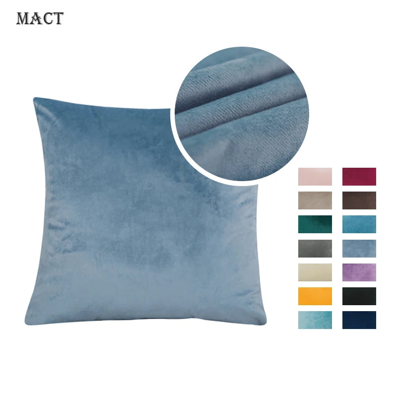 Blue pillow with fabric swatch and colour options on a white background